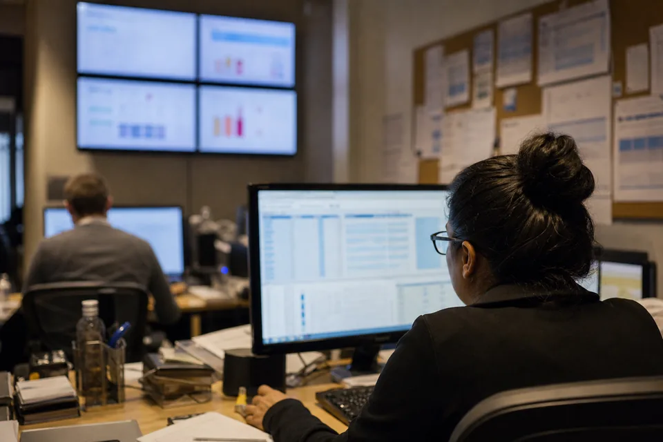 Lending operations room with monitors and printed statement samples on a corkboard