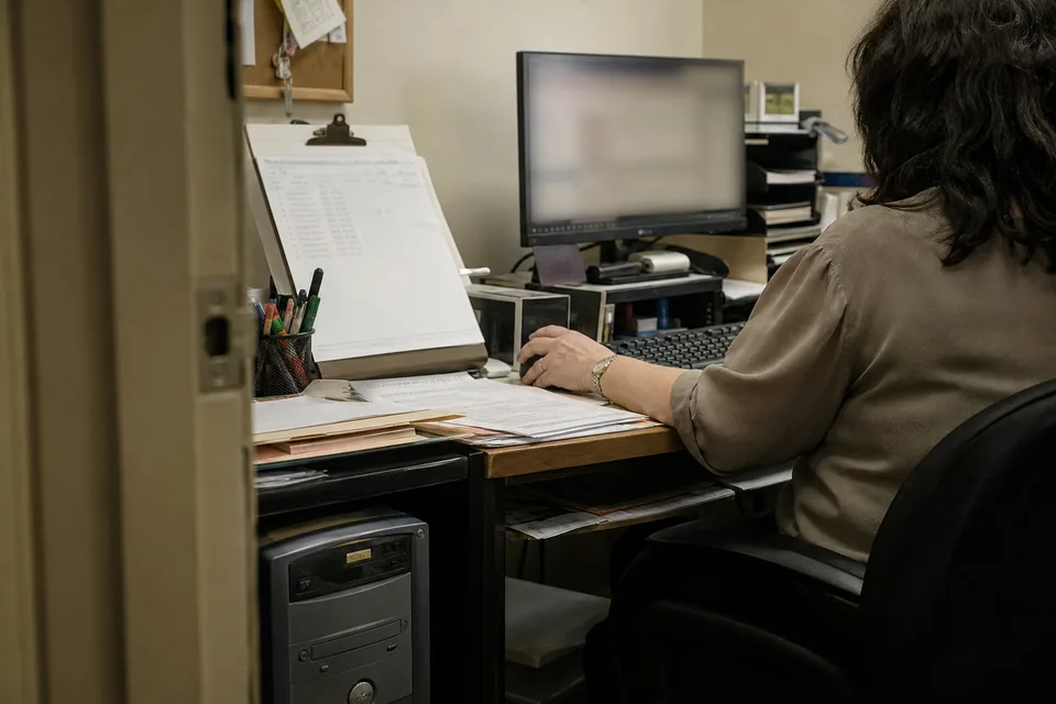 Desktop accounting workstation with a printed bank statement clipped beside the monitor