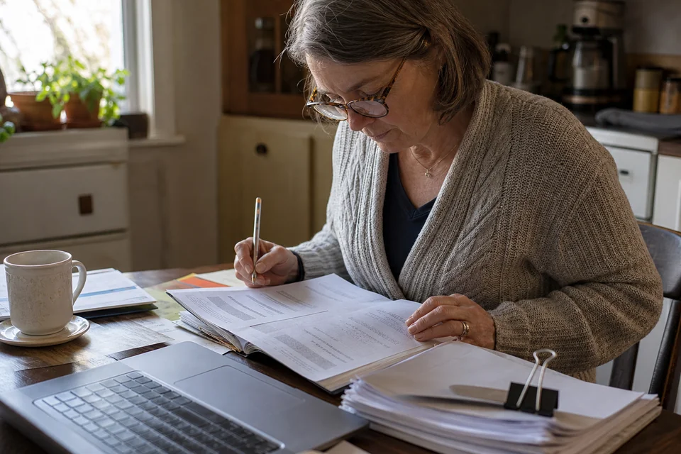 Bookkeeper reading a printed how-to guide with notes in the margin at a kitchen table workspace