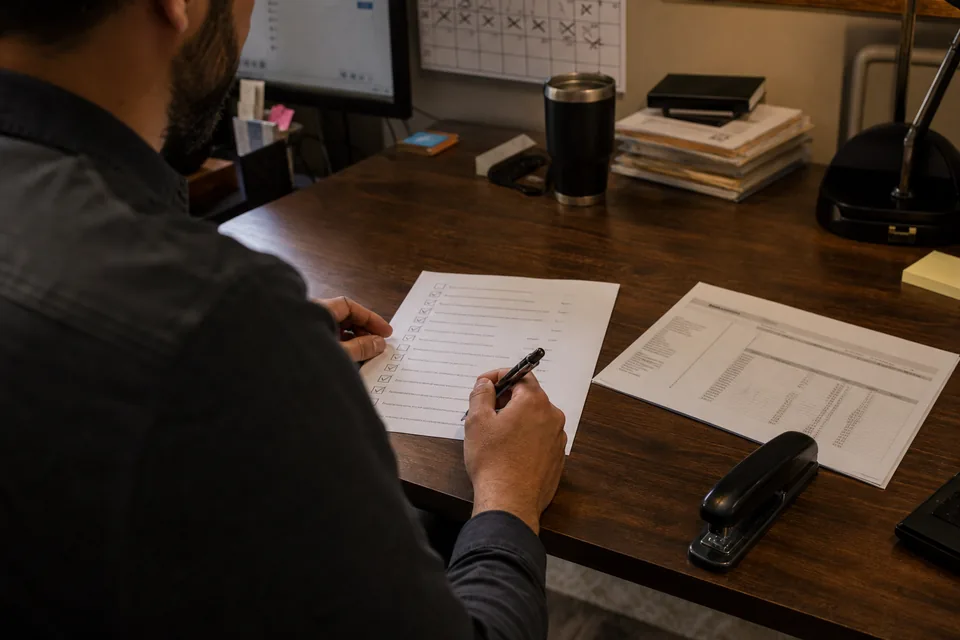 Bookkeeper working through a monthly close checklist next to a printed statement