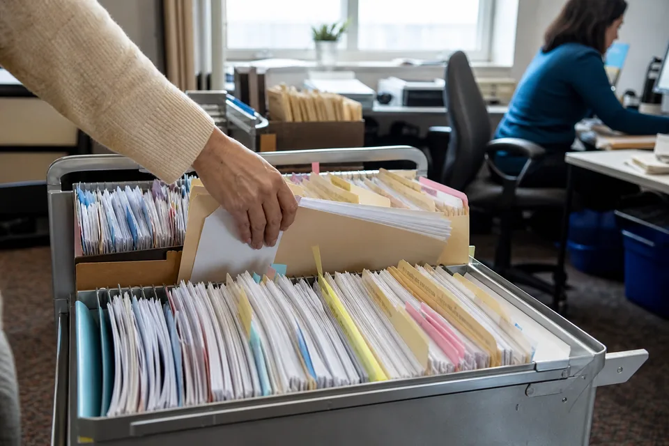 Client folders with statements on a rolling file cart in a bookkeeping office, one folder being pulled out