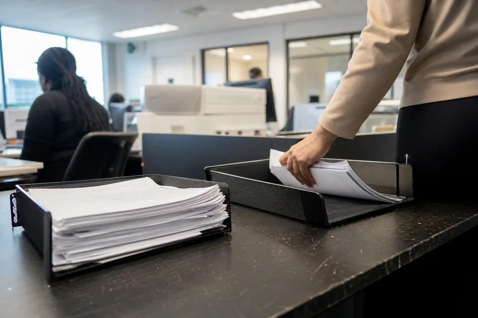 Operations desk with trays of printed statements being processed