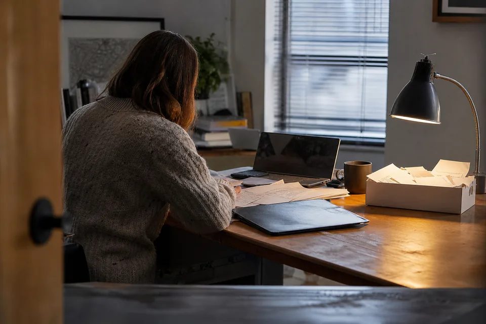 Home office desk with a folder of bank statements and a box of receipts