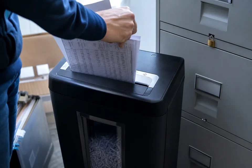 Printed bank statements being fed into a cross-cut shredder