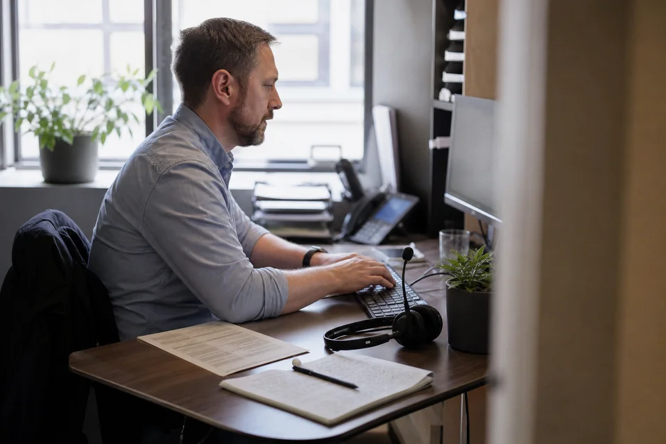 Support specialist answering a customer email at a small office desk with a headset resting beside the keyboard